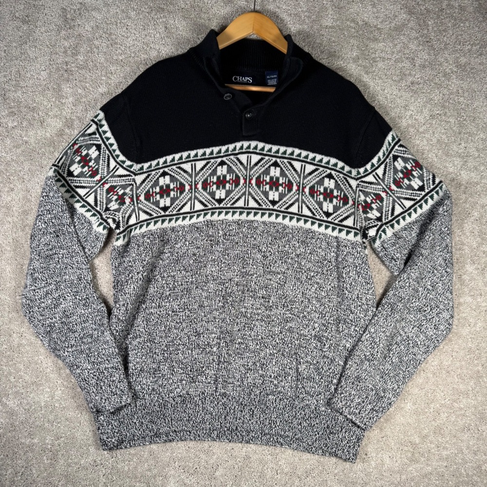 Chaps Men's XL Black Gray Aztec Geometric Mock Neck 1/4 Button Cotton Sweater